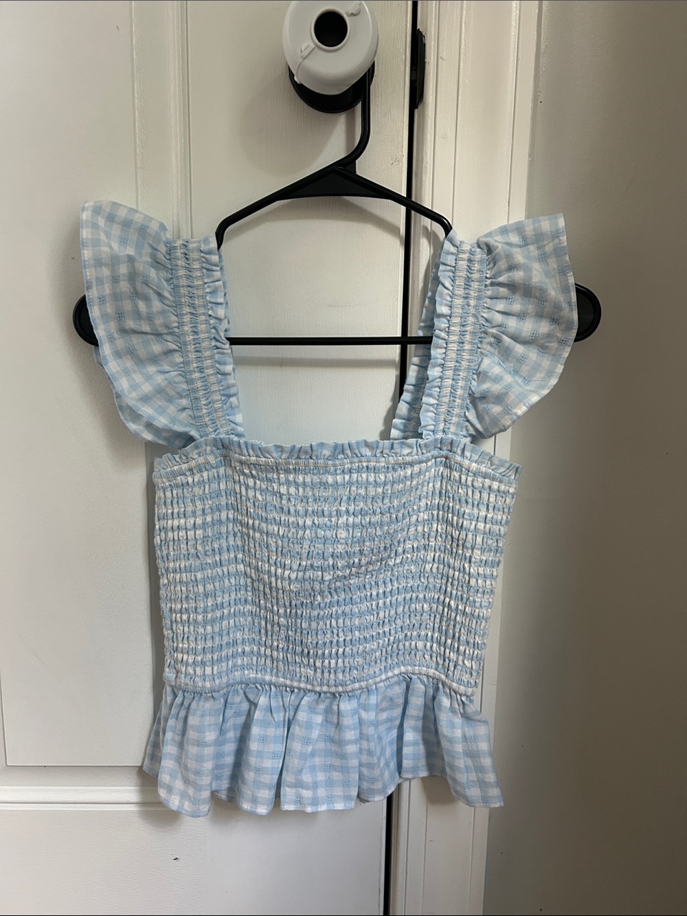 Storia Light Blue Gingham Smocked Ruffle Top